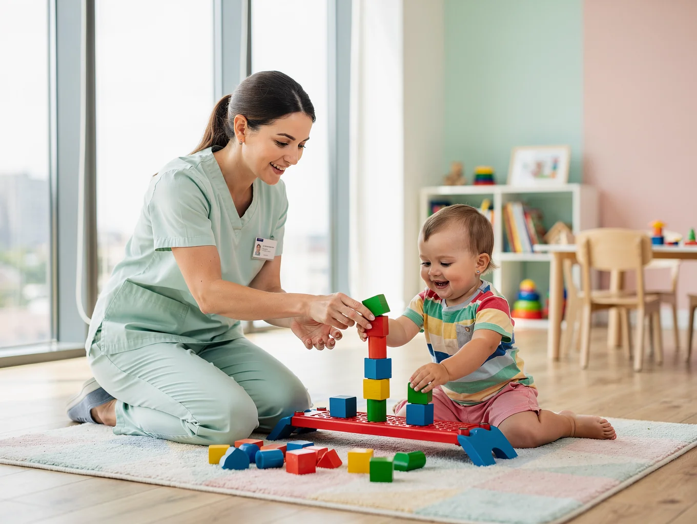 Pediatric therapist guiding a young child through a colorful motor skills exercise