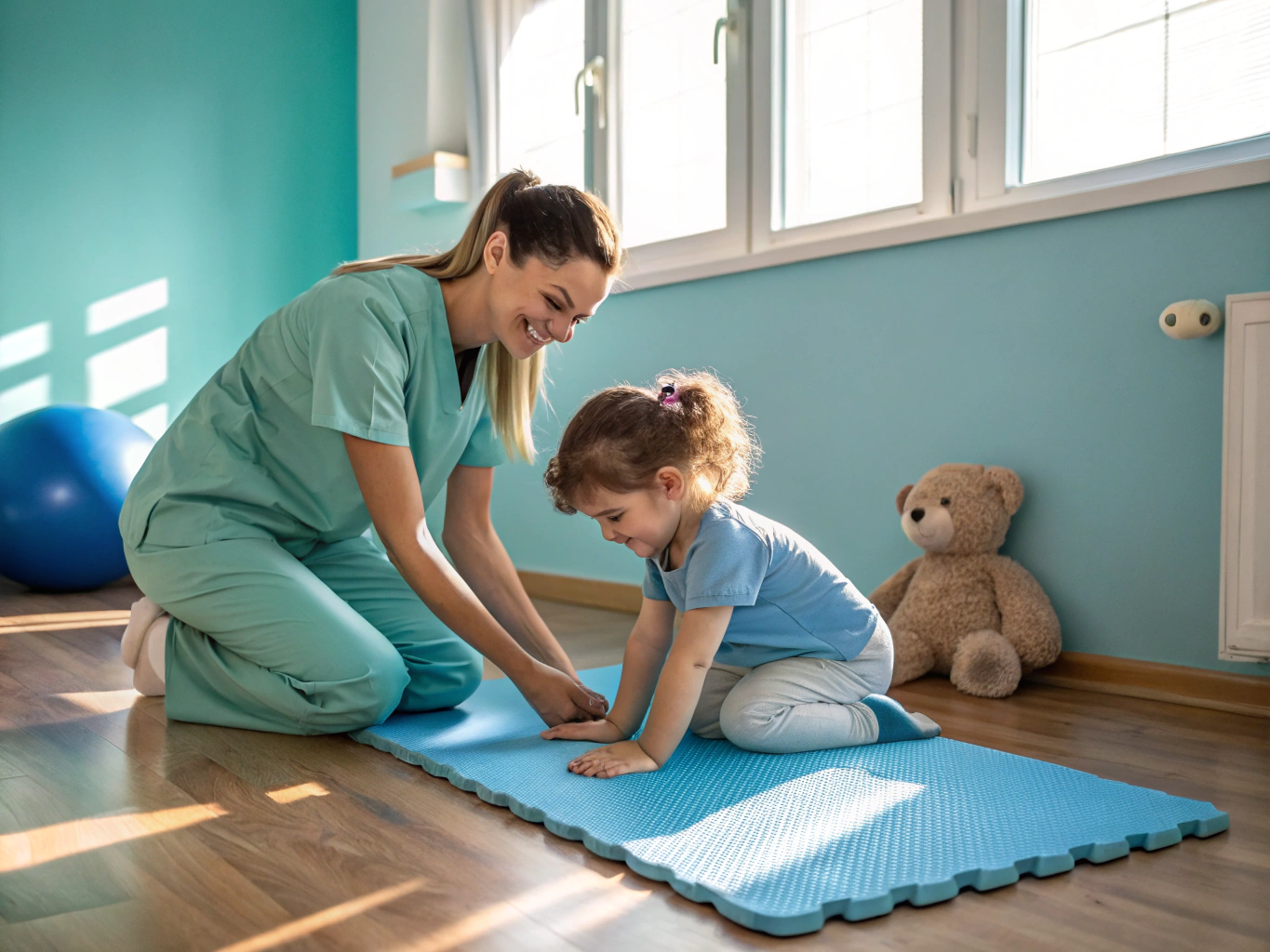 Sunlit pediatric clinic playroom with sensory swings and colorful developmental equipment