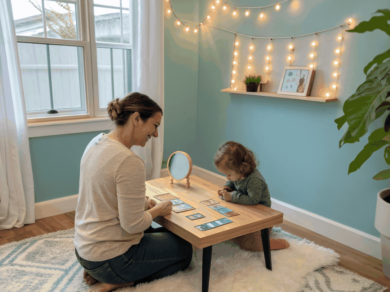Pediatric speech-language pathologist working with a smiling child using visual communication cards